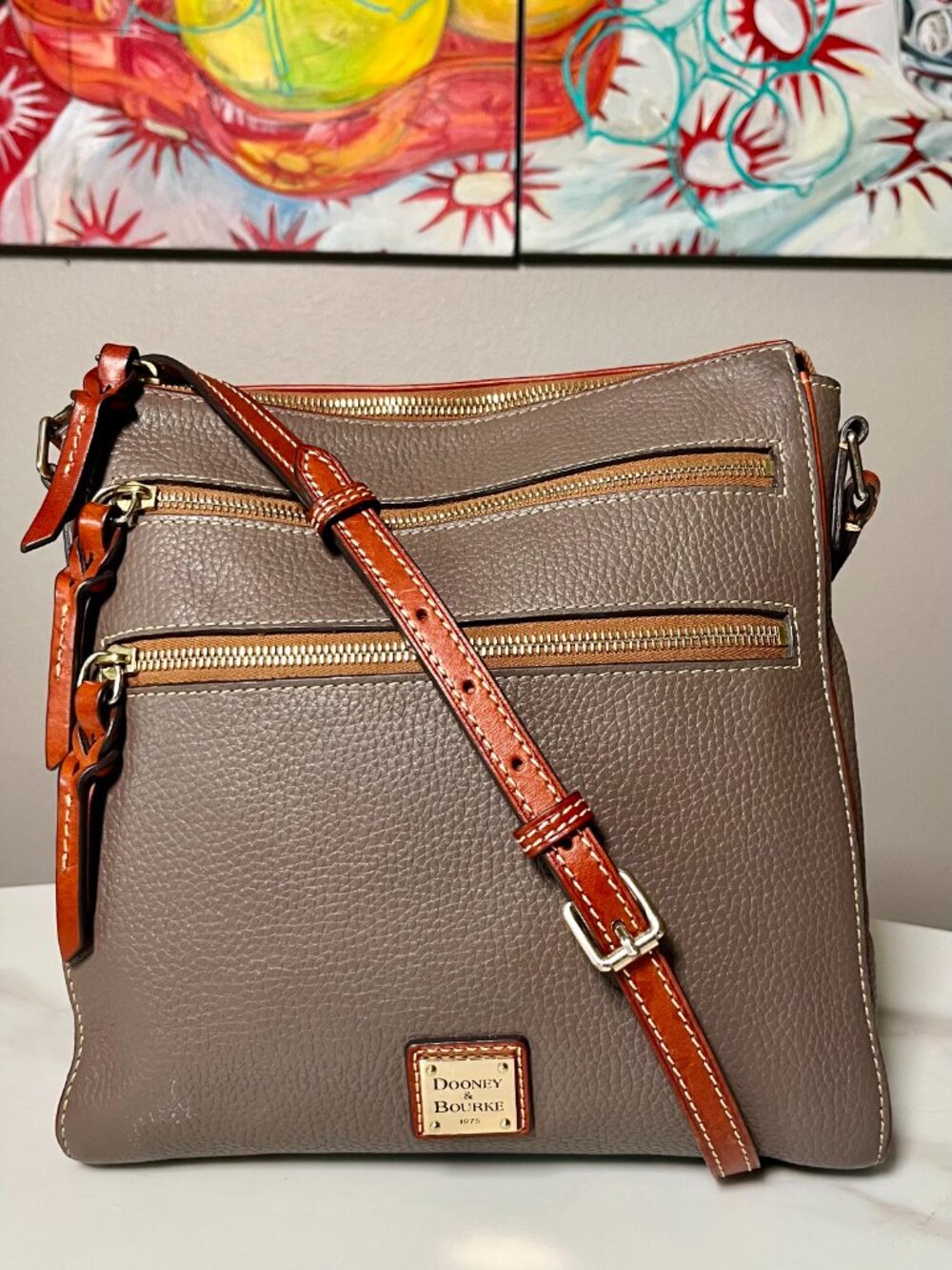 Dooney & Bourke Pebble Grain Large Peyton Triple Zip Crossbody in Elephant + COA